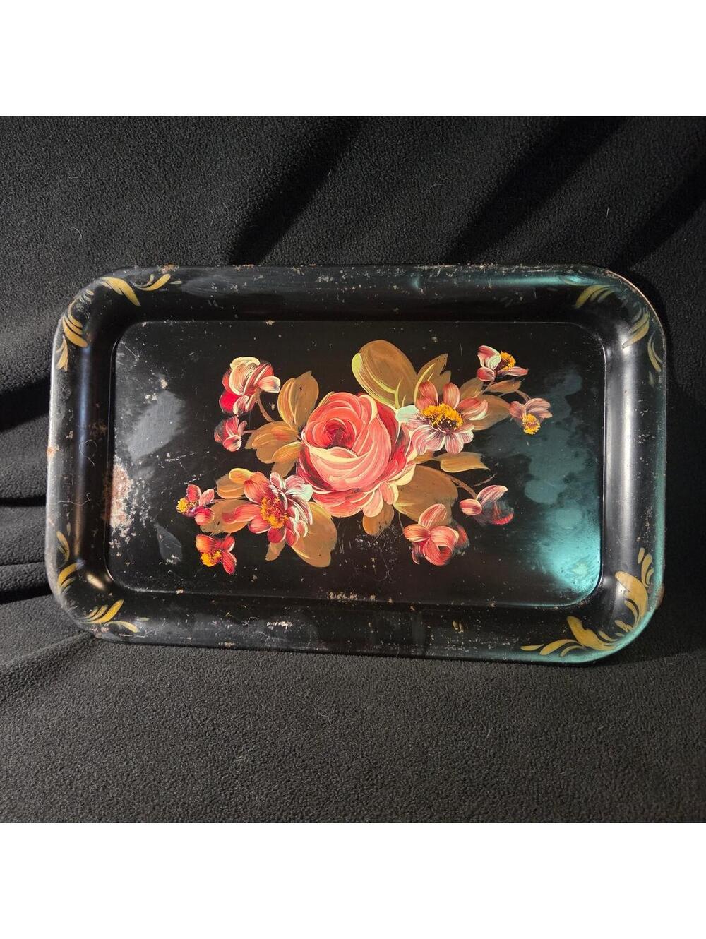 Vintage hand painted snack tray, 14.25 inches by 8.75 inches.
